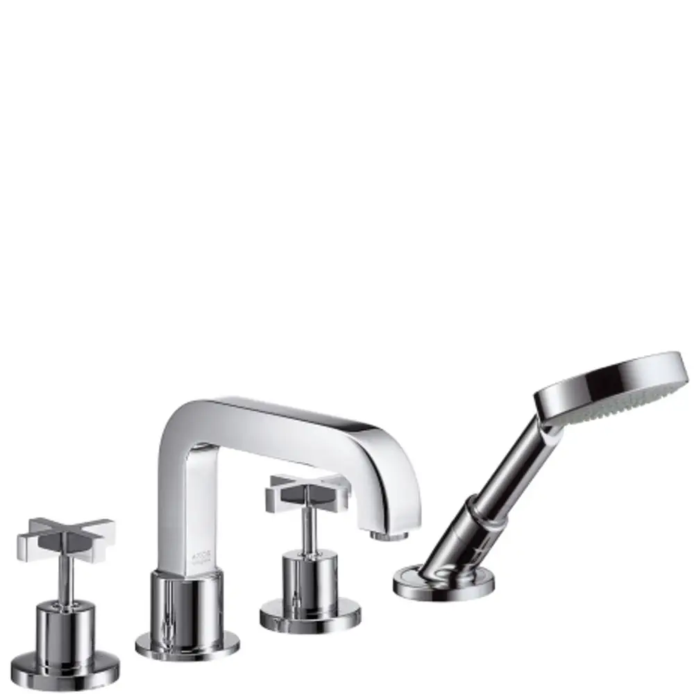 Vierteilige Citterio Wannenrandarmatur von AXOR in chromfarbener Ausführung, bestehend aus einem Wasserhahn und zwei Kreuzgriffen, sowie einer Handbrause.